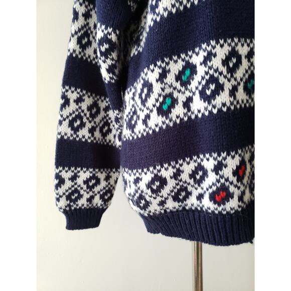 Vintage 80s Mock Neck Slouchy Sweater Cozy Navy Geometric Striped Medium - Picture 6 of 9